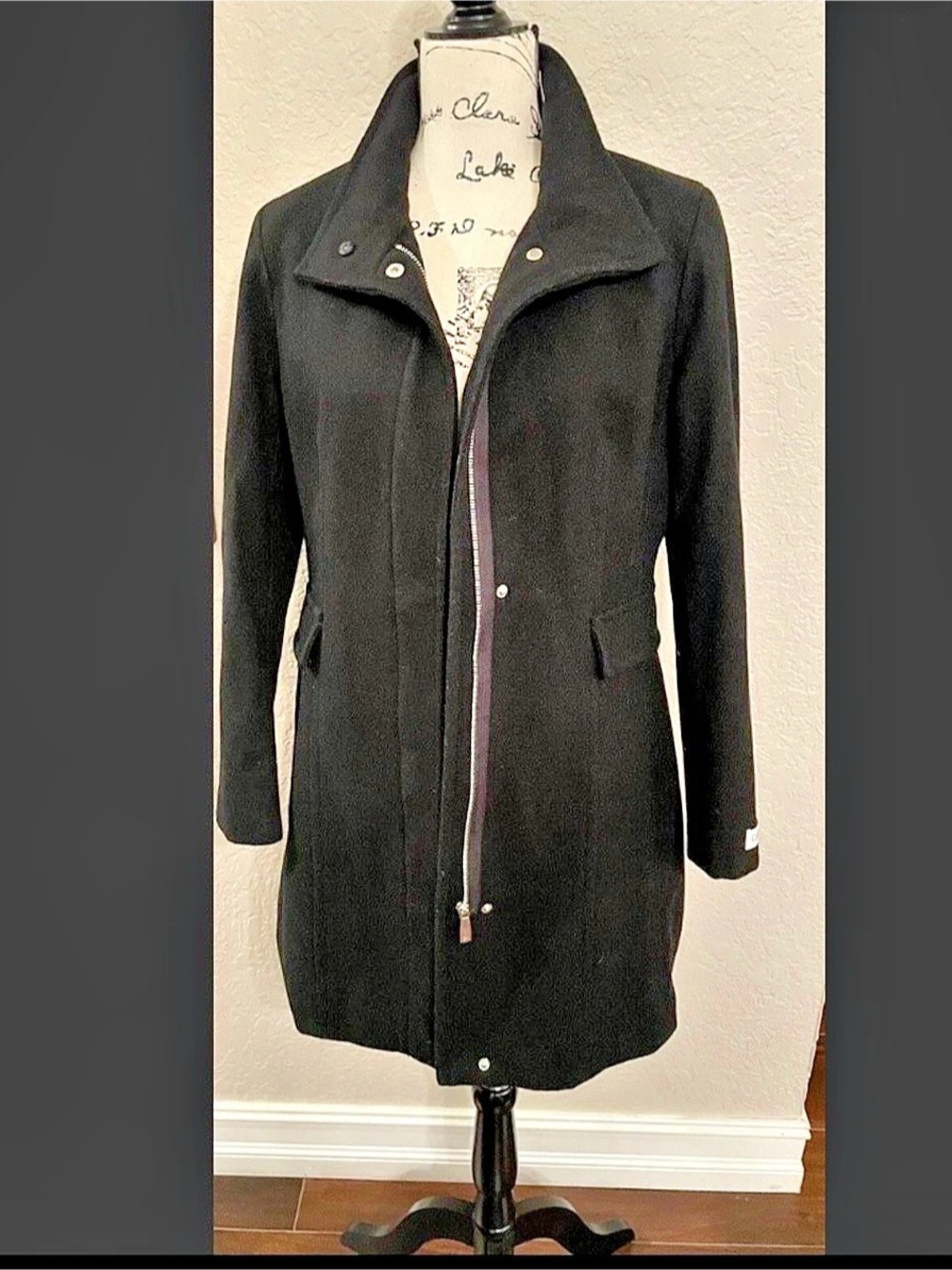 Calvin Klein Wool-Blend Full-Zip Walker Coat Black